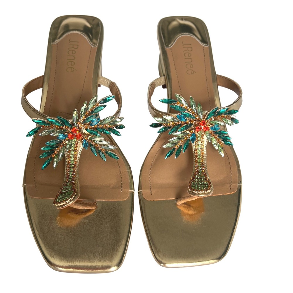 J. Renee Women's 10M Sandal Metallic Gold Crystal Palm Tree Block Heel Resort